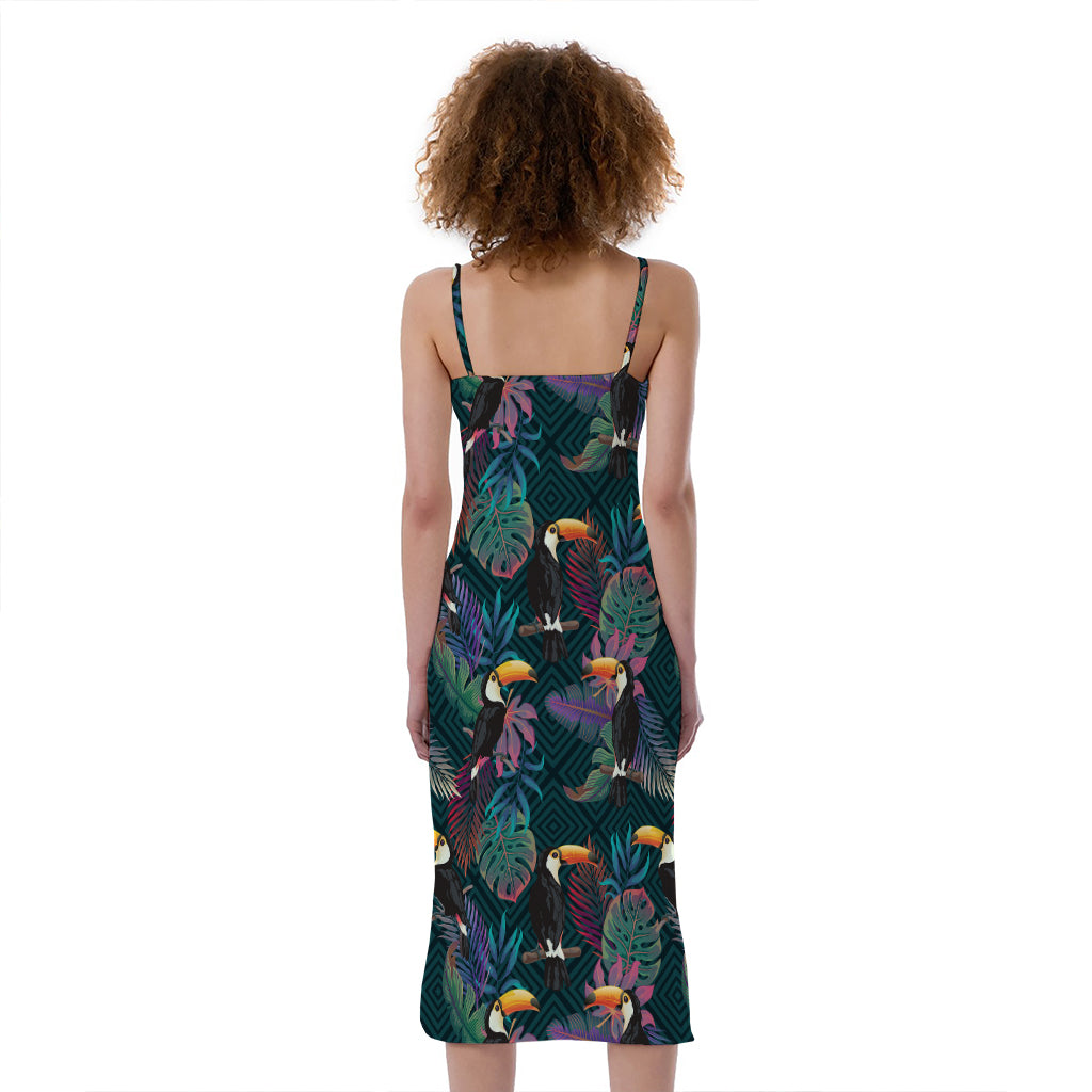Exotic Tropical Toucan Pattern Print Slim Fit Midi Cami Dress