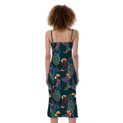 Exotic Tropical Toucan Pattern Print Slim Fit Midi Cami Dress