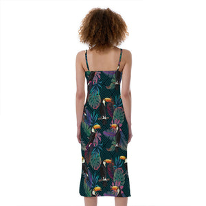 Exotic Tropical Toucan Pattern Print Slim Fit Midi Cami Dress