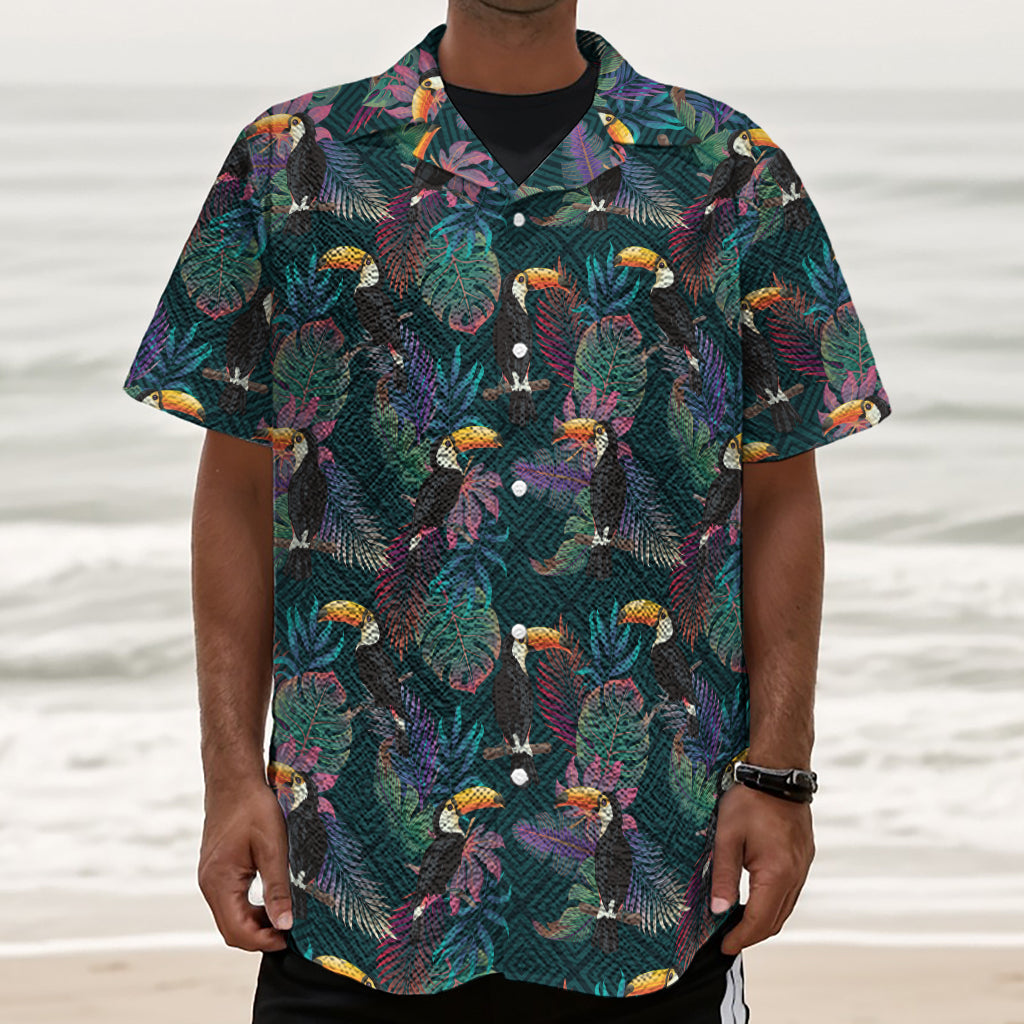 Exotic Tropical Toucan Pattern Print Textured Short Sleeve Shirt