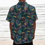 Exotic Tropical Toucan Pattern Print Textured Short Sleeve Shirt