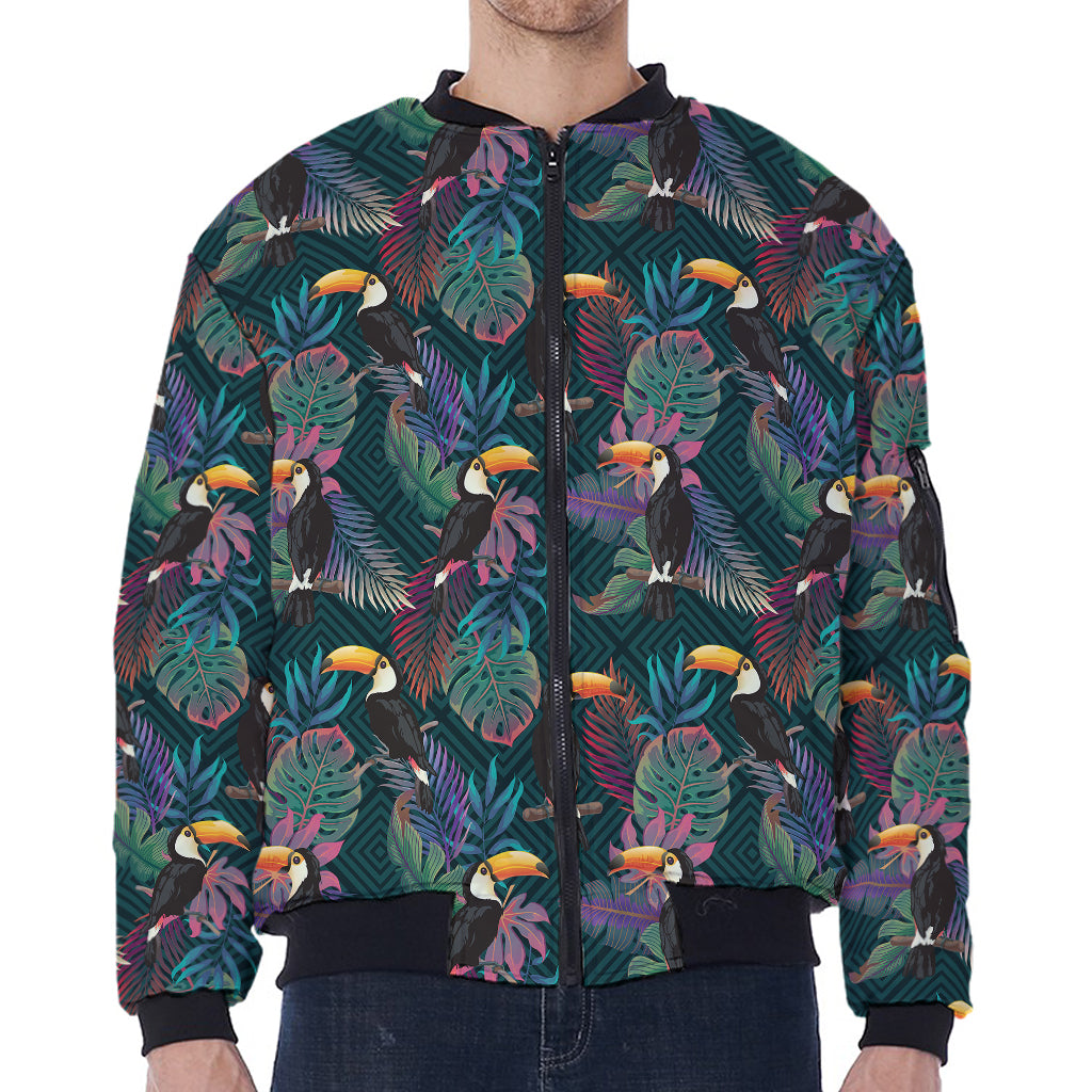 Exotic Tropical Toucan Pattern Print Zip Sleeve Bomber Jacket