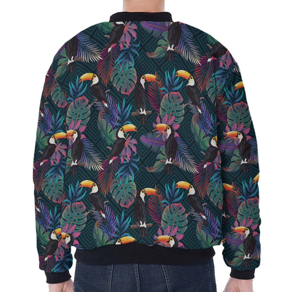 Exotic Tropical Toucan Pattern Print Zip Sleeve Bomber Jacket