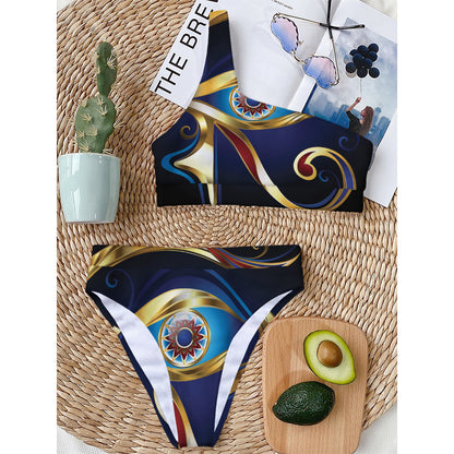 Eye Of Horus Amulet Print One Shoulder Bikini Top