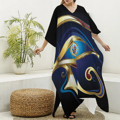 Eye Of Horus Amulet Print Silk V-Neck Kaftan Dress