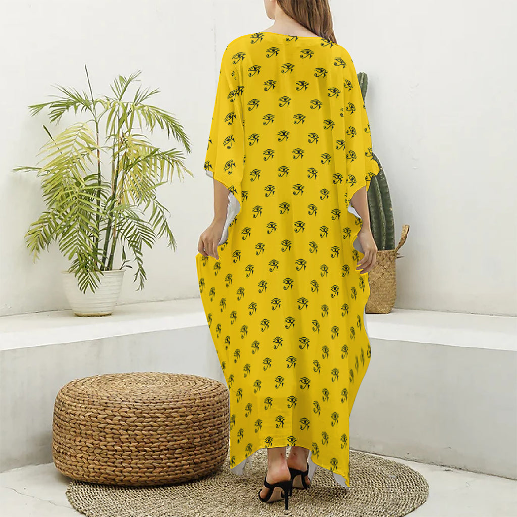 Eye Of Horus Symbol Pattern Print Silk V-Neck Kaftan Dress
