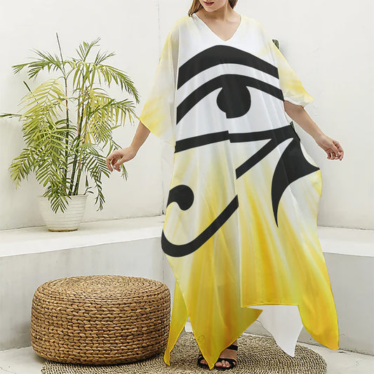 Eye Of Horus Symbol Print Silk V-Neck Kaftan Dress