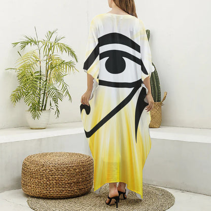 Eye Of Horus Symbol Print Silk V-Neck Kaftan Dress