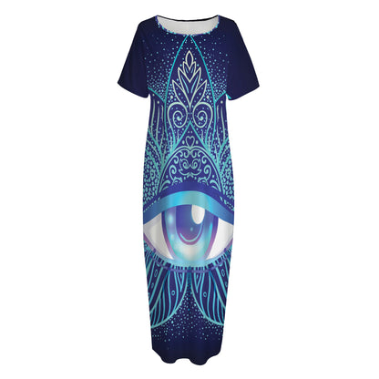 Eye of Providence Flower Print Short Sleeve Long Nightdress