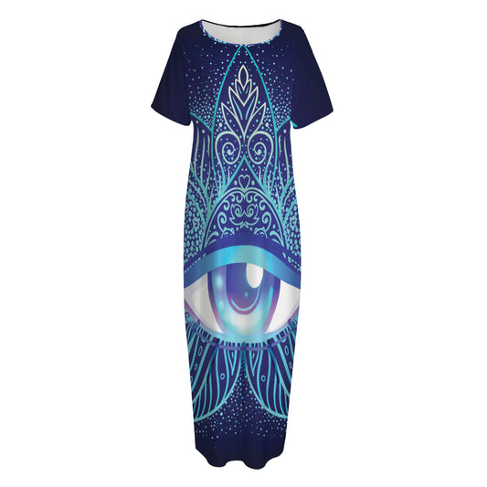 Eye of Providence Flower Print Short Sleeve Long Nightdress