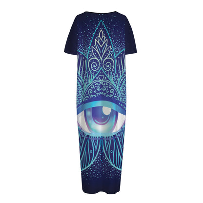 Eye of Providence Flower Print Short Sleeve Long Nightdress