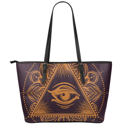 Eye of Providence Mandala Print Leather Tote Bag