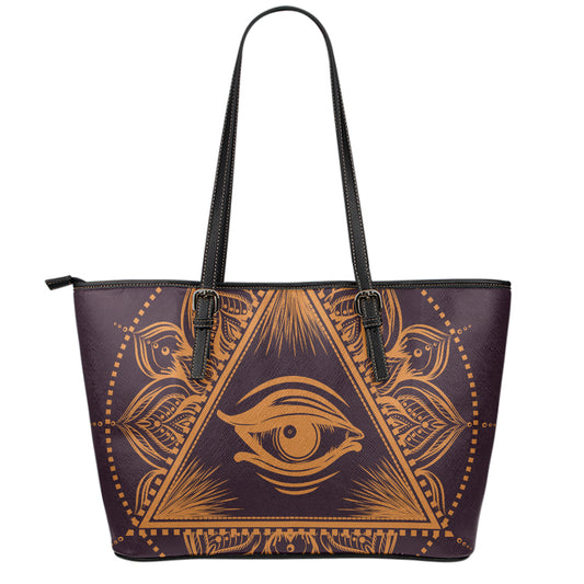 Eye of Providence Mandala Print Leather Tote Bag