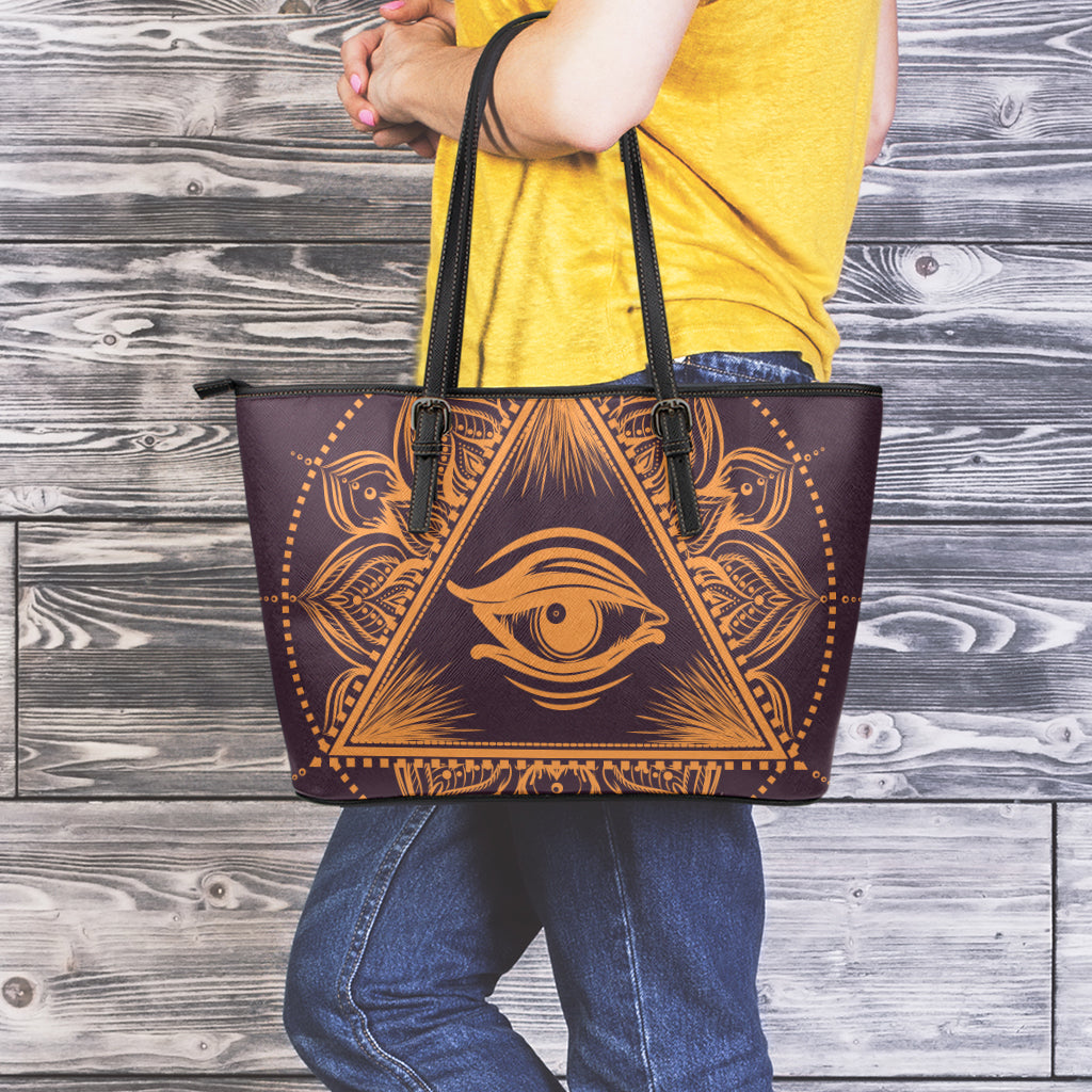 Eye of Providence Mandala Print Leather Tote Bag