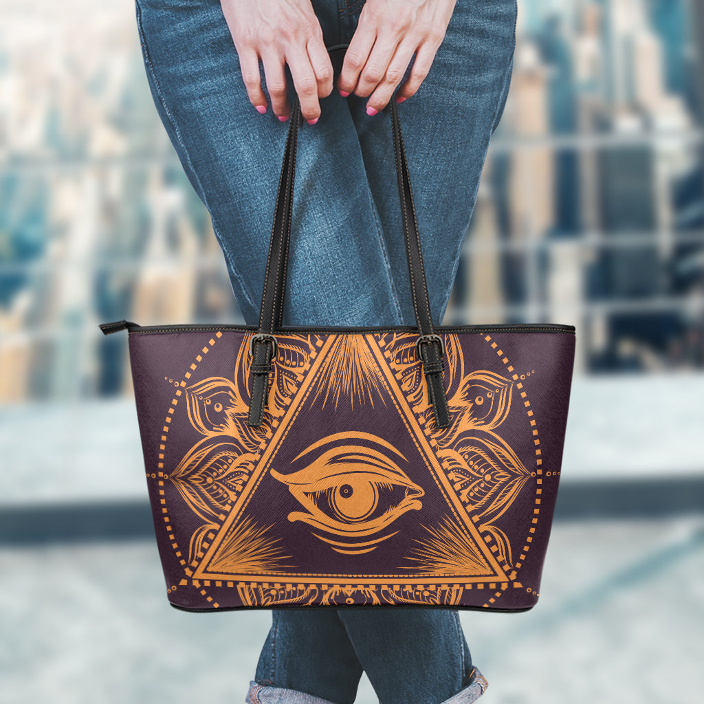 Eye of Providence Mandala Print Leather Tote Bag