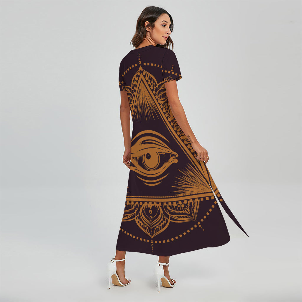 Eye of Providence Mandala Print Short Sleeve Maxi Dress
