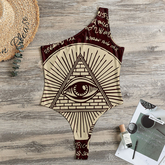 Eye of Providence Symbol Print One Shoulder Bodysuit