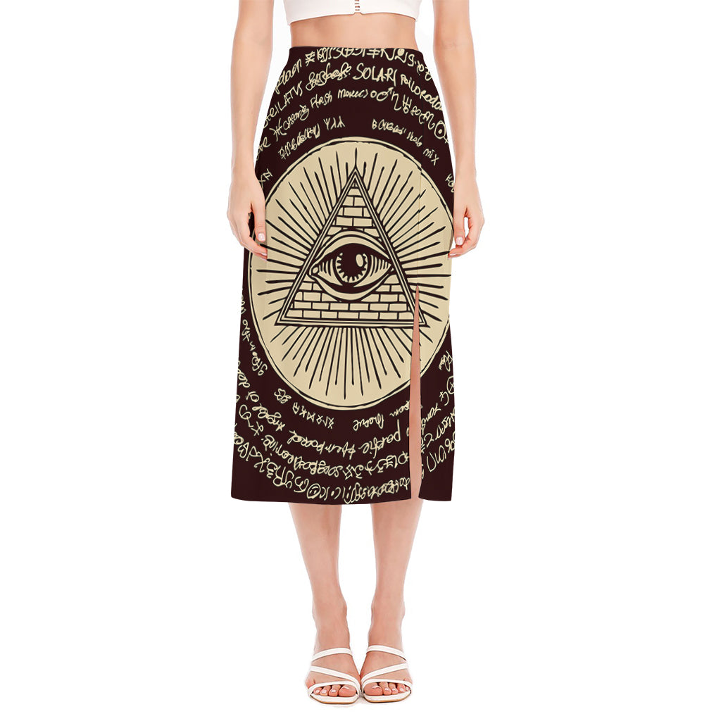 Eye of Providence Symbol Print Side Slit Midi Skirt