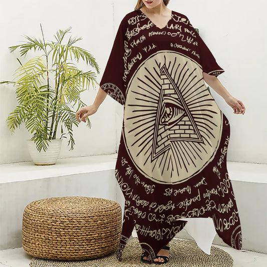 Eye of Providence Symbol Print Silk V-Neck Kaftan Dress