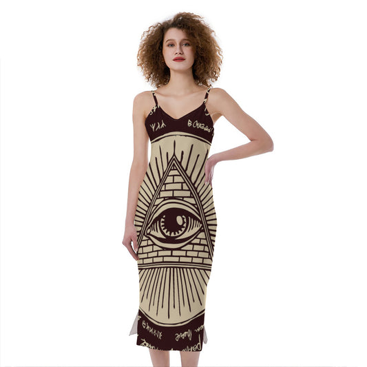 Eye of Providence Symbol Print Slim Fit Midi Cami Dress