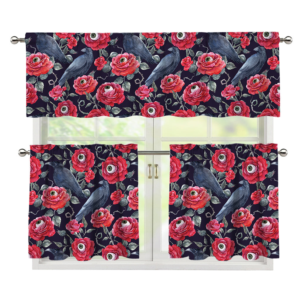Eyeball Rose Pattern Print 3 Piece Kitchen Curtains
