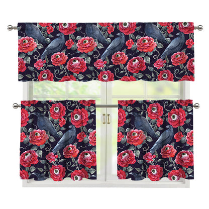 Eyeball Rose Pattern Print 3 Piece Kitchen Curtains