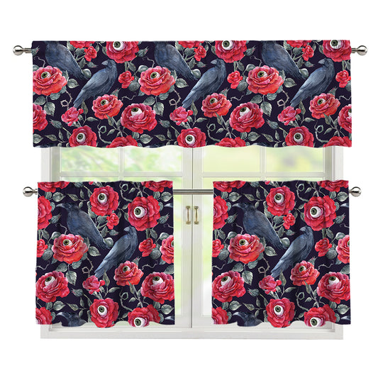 Eyeball Rose Pattern Print 3 Piece Kitchen Curtains