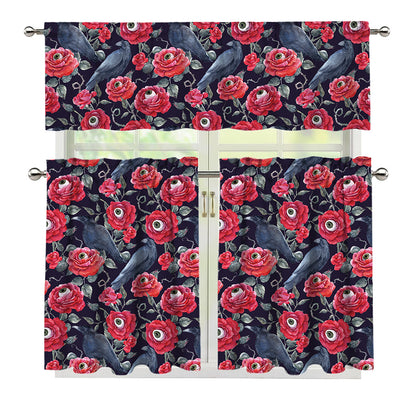 Eyeball Rose Pattern Print 3 Piece Kitchen Curtains