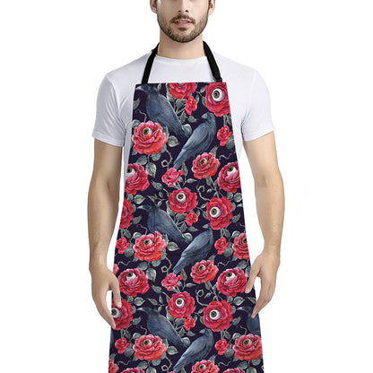Eyeball Rose Pattern Print Bib Apron With Pocket
