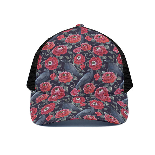 Eyeball Rose Pattern Print Black Mesh Trucker Cap