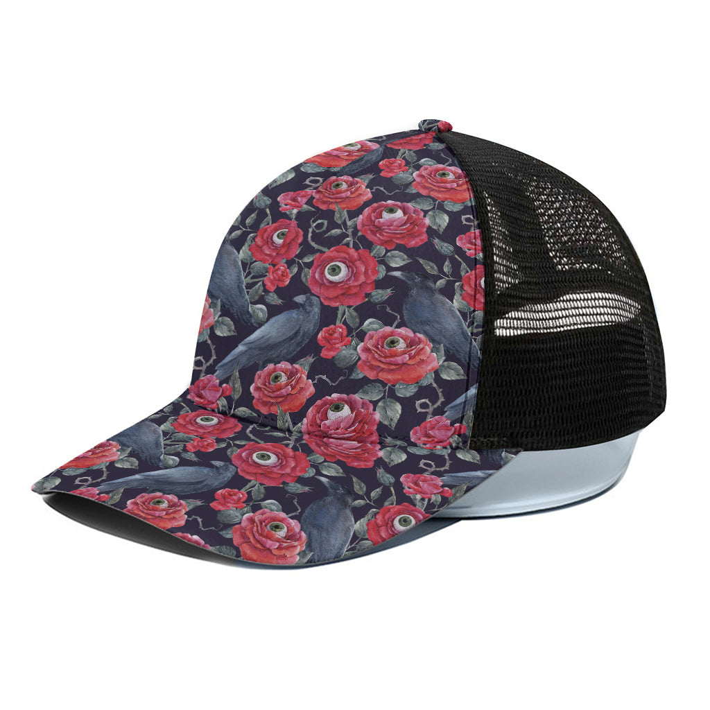 Eyeball Rose Pattern Print Black Mesh Trucker Cap