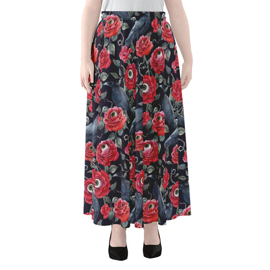 Eyeball Rose Pattern Print Chiffon Maxi Skirt
