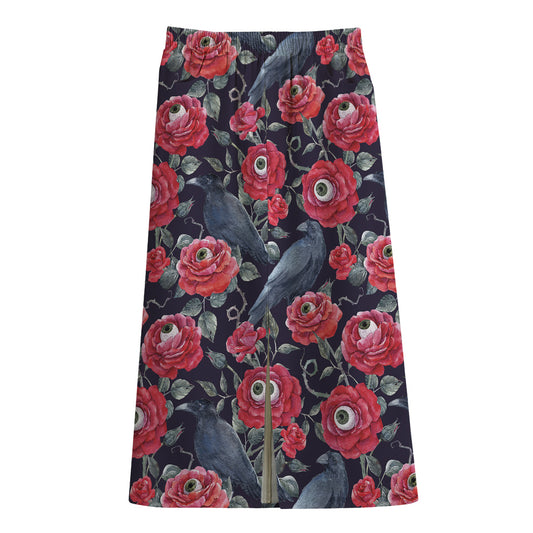 Eyeball Rose Pattern Print Cotton Front Slit Maxi Skirt
