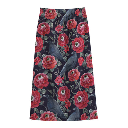 Eyeball Rose Pattern Print Cotton Front Slit Maxi Skirt
