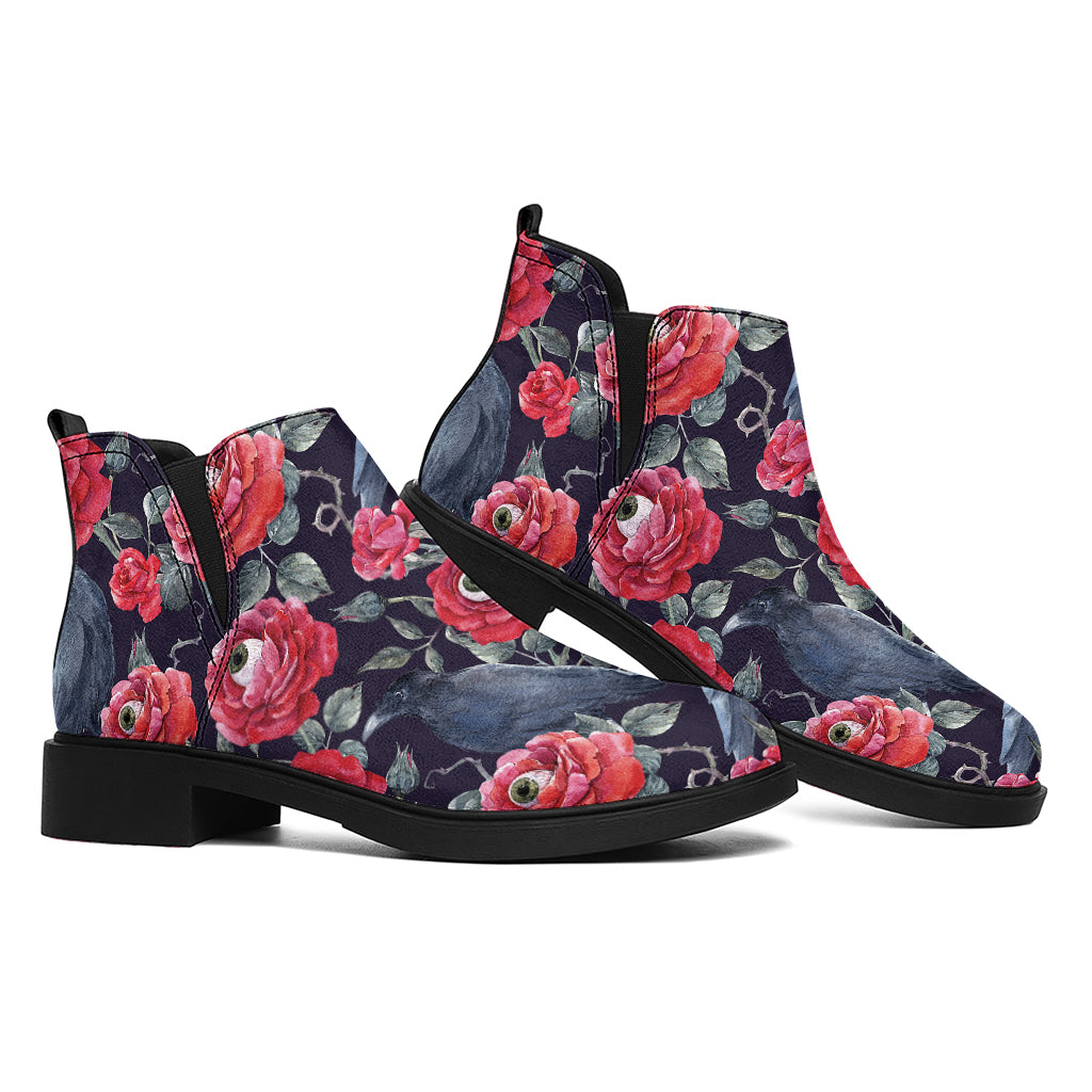 Eyeball Rose Pattern Print Flat Ankle Boots
