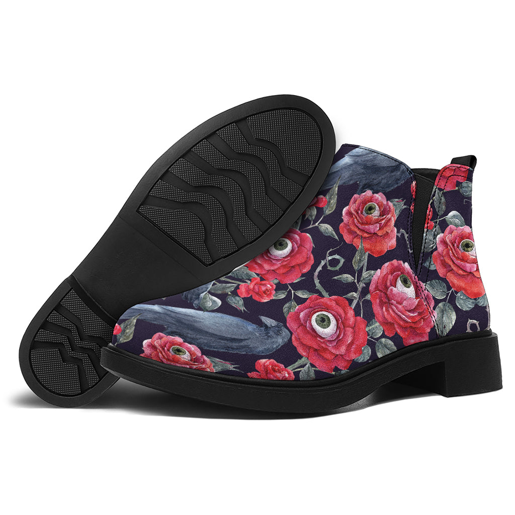 Eyeball Rose Pattern Print Flat Ankle Boots