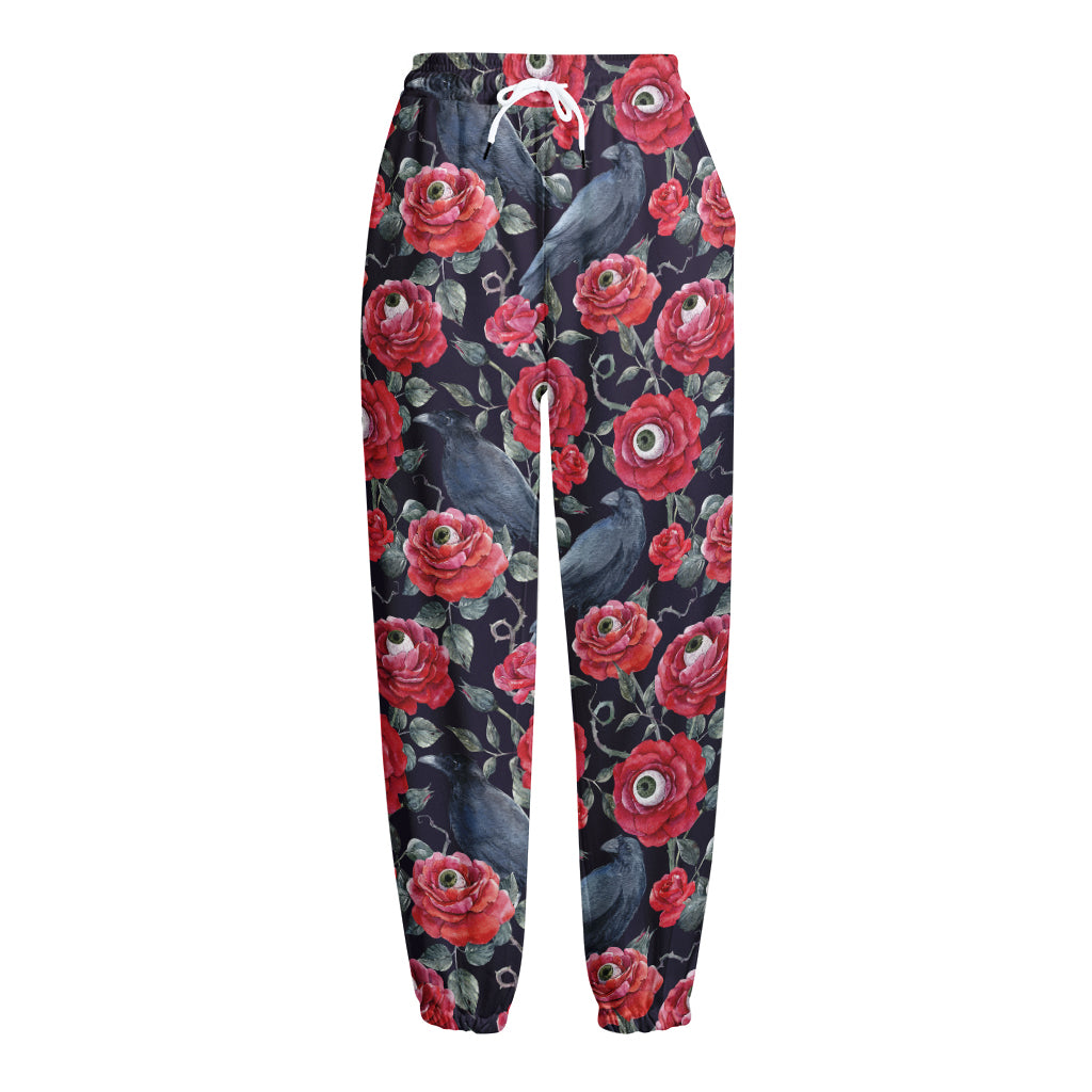 Eyeball Rose Pattern Print Fleece Lined Knit Pants