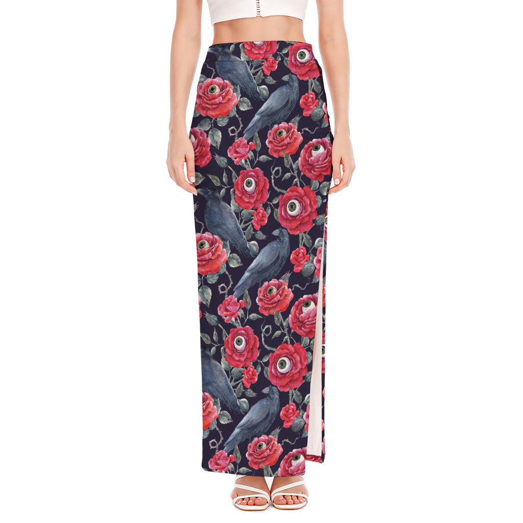Eyeball Rose Pattern Print High Slit Maxi Skirt