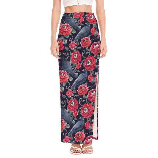 Eyeball Rose Pattern Print High Slit Maxi Skirt