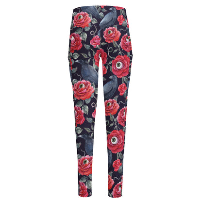 Eyeball Rose Pattern Print High-Waisted Pocket Leggings