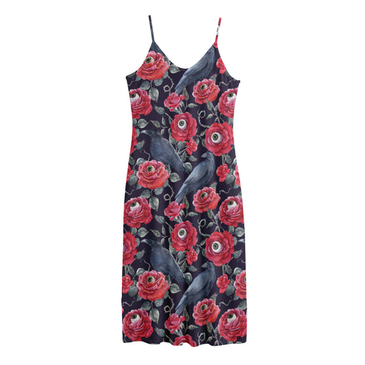 Eyeball Rose Pattern Print Jersey Midi Cami Dress