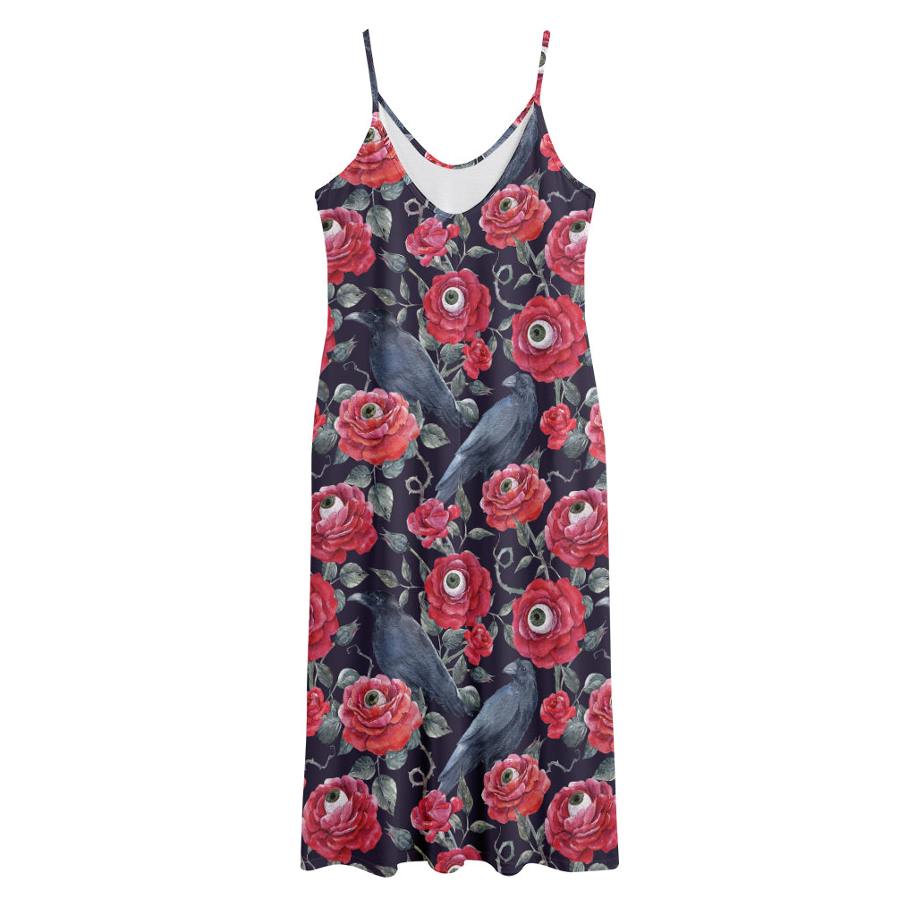 Eyeball Rose Pattern Print Jersey Midi Cami Dress