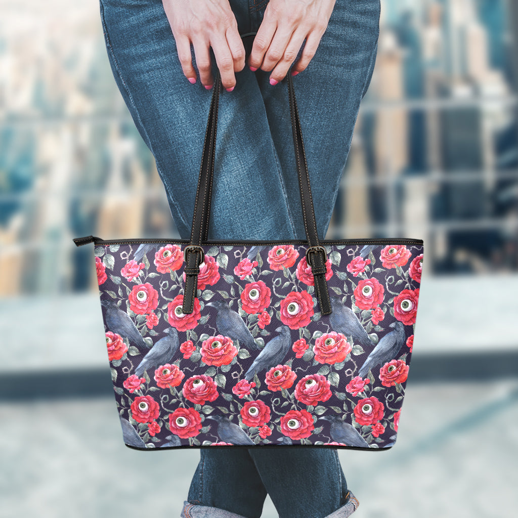 Eyeball Rose Pattern Print Leather Tote Bag