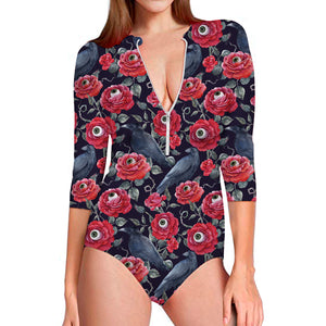 Eyeball Rose Pattern Print Long Sleeve Swimsuit