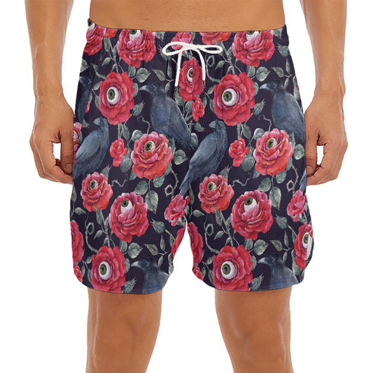 Eyeball Rose Pattern Print Men's Split Running Shorts