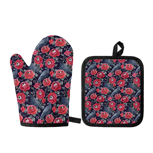 Eyeball Rose Pattern Print Oven Mitt And Pot Holder Set