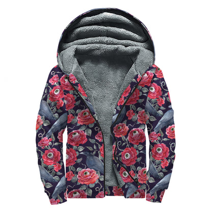 Eyeball Rose Pattern Print Sherpa Lined Zip Up Hoodie