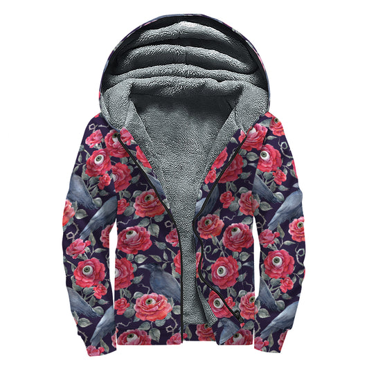 Eyeball Rose Pattern Print Sherpa Lined Zip Up Hoodie