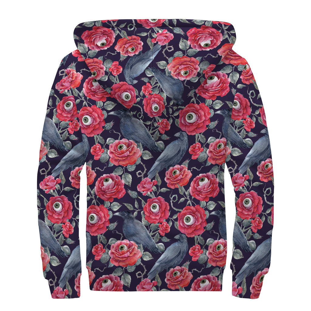 Eyeball Rose Pattern Print Sherpa Lined Zip Up Hoodie