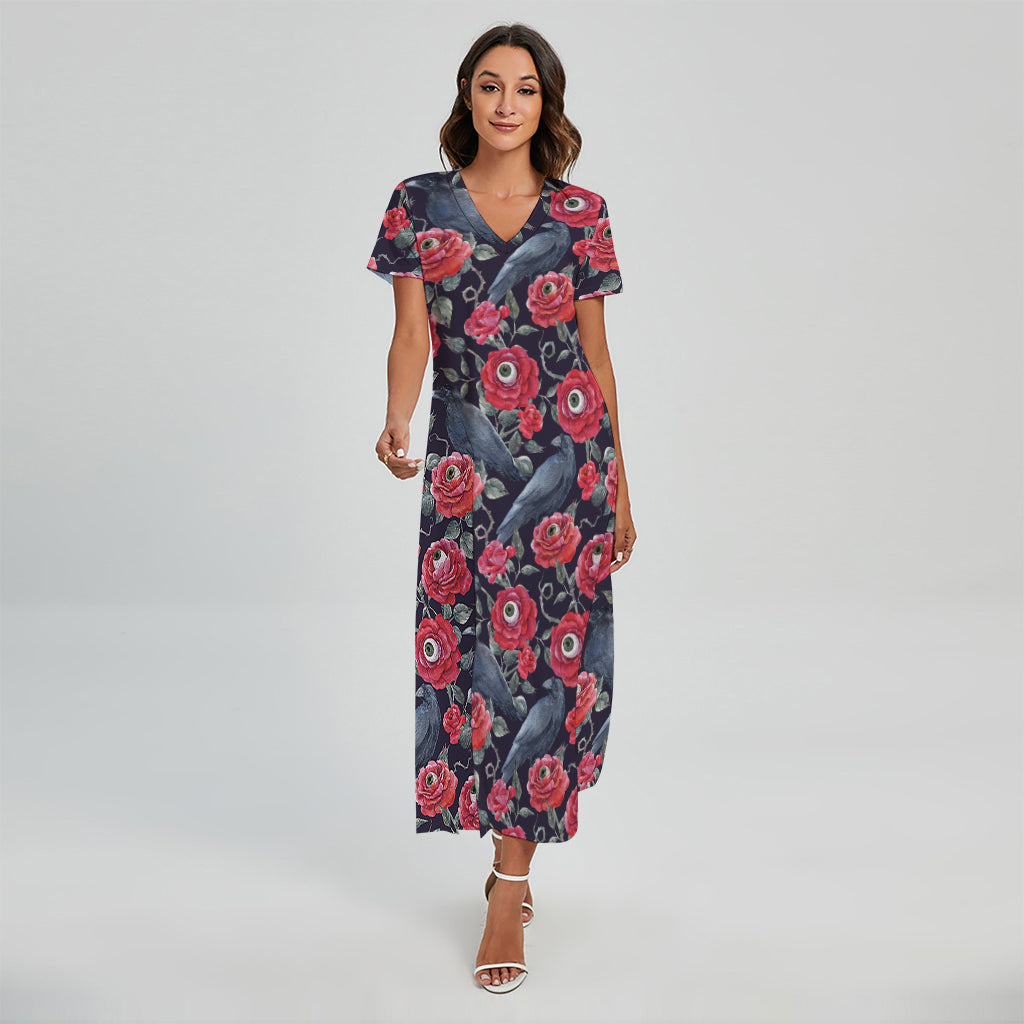 Eyeball Rose Pattern Print Short Sleeve Maxi Dress